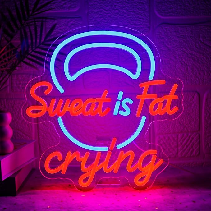 Sweat Is Fat Crying Neon Sign for Wall Decor Dimmable Gym Led Sign for Fitness Room Funny Neon Light for Workout Room Garage Man Cave Club Party Decor Gift for Trainer Exercise Lover