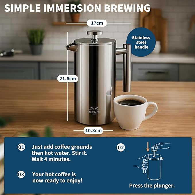 MERMOO YILAN French Press 34oz Insulated Stainless Steel Coffee Maker Unbreakable Coffee Press Easy to Clean for Home, Camping, Travel (Silver)