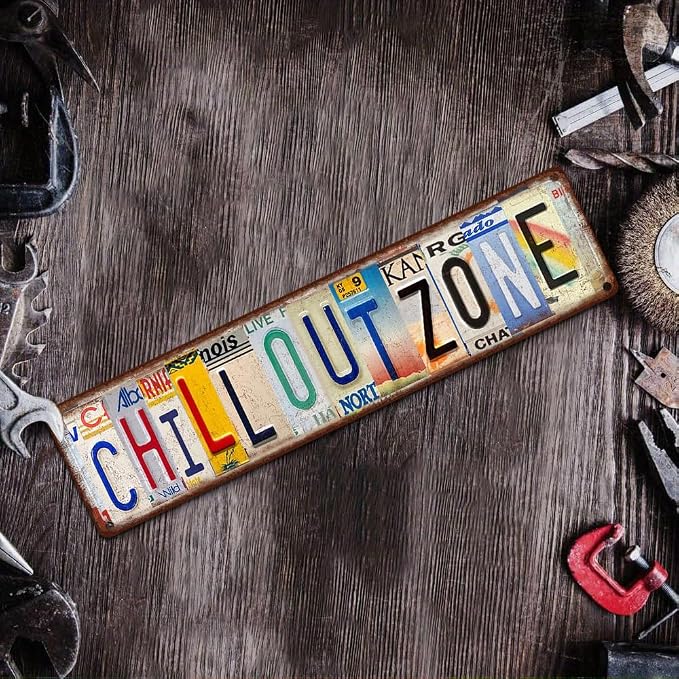 Vintage License Plate CHILL OUT ZONE Sign – 16x4 Inch Rustic Tin Wall Décor for Lounge, Patio, Dorm, Game Room, Bar or Relaxation Area - Image 6