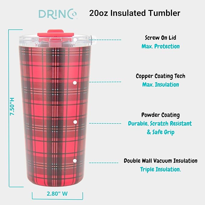 Drinco - 20 oz Stainless Steel Tumbler | Double Walled Vacuum Insulated Mug With Lid, 2 Straws, For Hot & Cold Drinks (20oz Tartan Plaid)