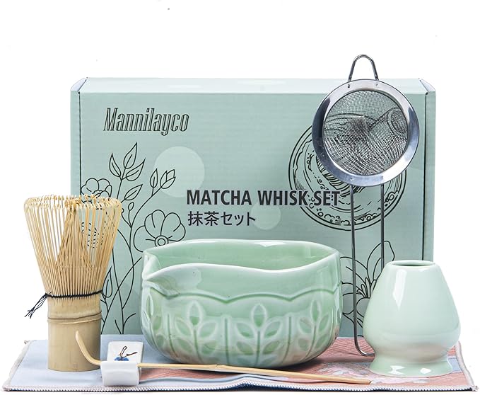 Matcha Whisk Bowl Set, 7PCS Japanese Matcha Kit with Spout Bowl (Green), Bamboo Whisk with Stand, Scoop, Sifter, Matcha Accessories for Tea Ceremony, Matcha Latte, Gifts for Family, Friends
