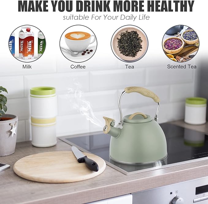 Tea Kettle -3.0 Quart Whistling Tea Kettle for Stove Top Stainless Steel Tea Pot Stovetop Food Grade Water Kettle with Wood Pattern Handle for Coffee/Tea/Milk Kettle Pot-Green