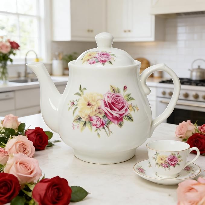 European Style Porcelain Teapot, Small Teapot with Flowers Coffee Tea Water Pot Vintage Ceramic Litter Kettle (14oz)
