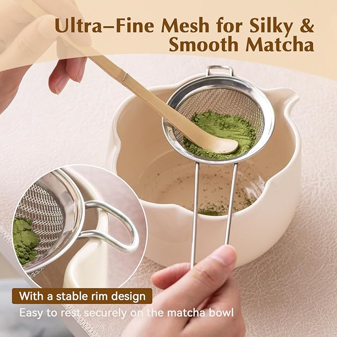 Matcha Set, 8Pcs Floral Ceramic Matcha Kit with Matcha Whisk, Holder, Scoop, Scoop Rest, Sifter, Spoon and Tea Towel - Thoughtful Matcha Whisk Set Gift for Matcha Lovers (Beige)