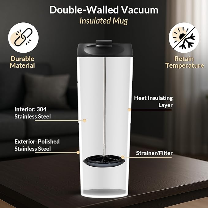 Travel French Press Black15oz Stainless Steel Double-Walled Vacuum Insulated Travel Coffee Mug with Leak-Proof Locking Lid, Keeps Coffee Hot 4 Hrs Portable for Camping, Office, Car, Premium Gift
