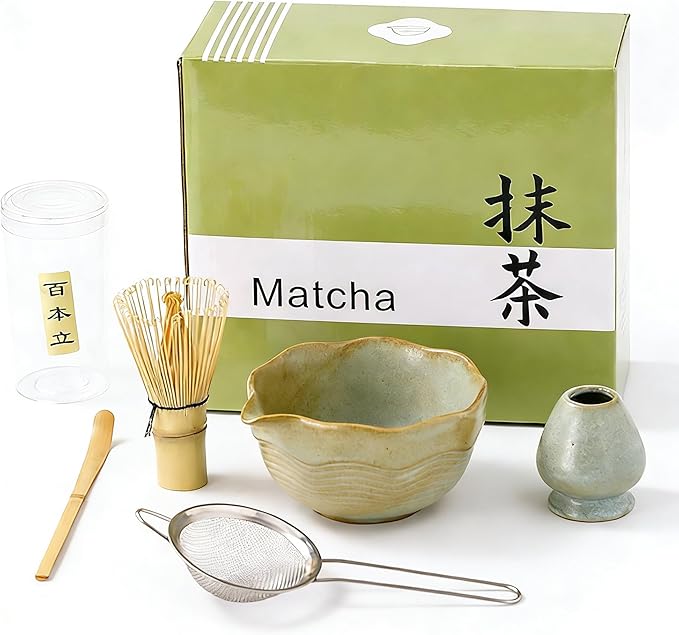 Matcha Bowl Set with Bamboo Whisk, Sifter & Scoop - Complete Ceramic Japanese Tea Ceremony Kit for Traditional Matcha Preparation (light turquoise green (with a textured finish))