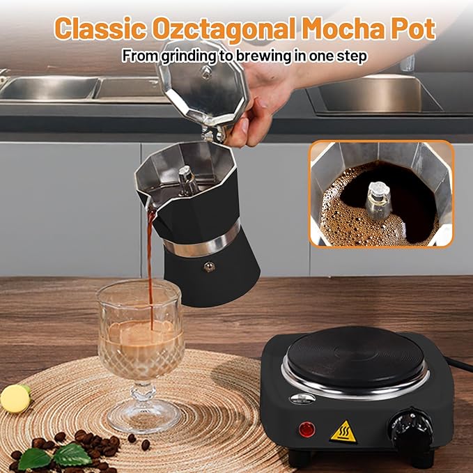 2-in-1 Aluminum Moka Pot Set with Electric Stove Classic Stovetop Espresso Coffee Maker 150ml 5oz Mocha Express Portable Camping Travel Preferred Cafe Makers Italian Cuban Café Brewing 3 Cup