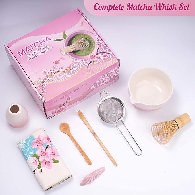 Matcha Whisk Set, Ceramic Matcha Set Includes Bowl & Holder, Bamboo Whisk (Chasen), Scoop, Spoon and Sifter, 8PCS Matcha Kit Covers Everything Needed for Making Matcha (Pink)