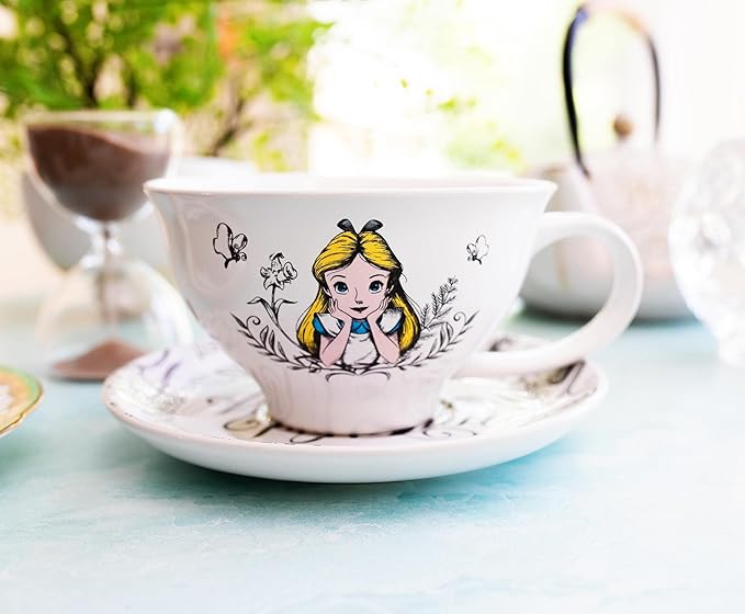 Disney Alice In Wonderland World of My Own 12-ounce Ceramic Teacup and Saucer Set | Tea Party Gift Set For Coffee, Espresso, Mocha, Latte | Cute Gifts and Collectibles