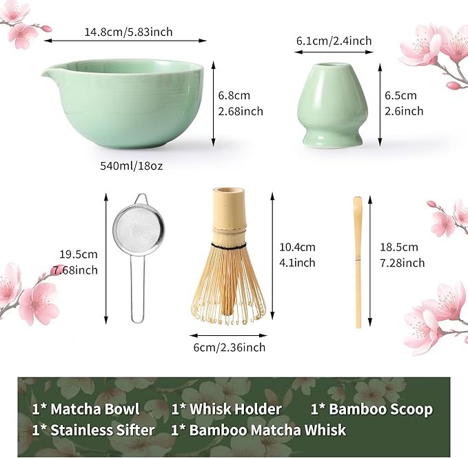 Matcha Whisk Set 5 Pcs, Matcha Kit Set Includes Matcha Bowl, Matcha Whisk and Holder, Bamboo Scoop and Sifter, Ceramic Matcha Set, Matcha Tea Set, Ideal Gift for Family/Friend (Cyan)