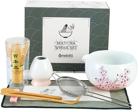 Onebttl Matcha Whisk Set Gift with Sakura Pattern, 8 Pcs Ceramic Matcha Kit Set Includes Matcha Bowl, Matcha Whisk and Holder, Bamboo Spoon and Scoop, Scoop Rest, Sifter and Tea Towel - Pink&Sakura