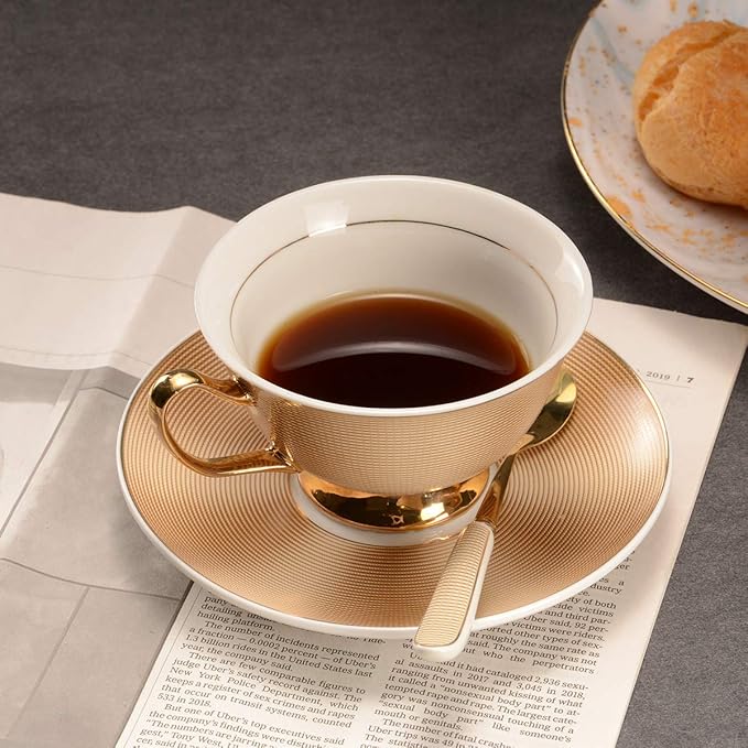 Bone China Golden Stripe Tea Cup with Saucer Spoon Set (7oz) - Cappuccino, Coffee, Tea Cup Set - British, Porcelain - Latte - Mother's Day Gift