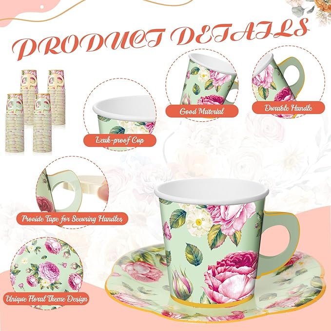 Umigy 36 Sets Tea Party Decorations 6.5 oz Floral Paper Tea Cups with Plates Disposable Blossom Teacups and Saucers Sets for Girls Women Birthday Party Supplies(Vintage Style,36 Pcs)