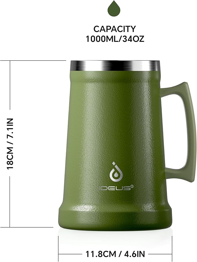 Ideus Insulated Beer Stein, 24/32oz Stainless Steel Double Walled Beer Mug Giant Bar Drinkware Metal Beer Cup with Big Grip Handle (Olive Green, 34oz (1,000ml))