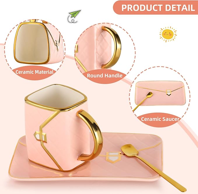 Handbag Shaped Mug, Handbag Coffee Mug And Saucer, Purse Coffee Ceramic Mug Set 10 Oz/ 310 ml Cute Creative Design Travel Tea Cup for Women Thanksgiving