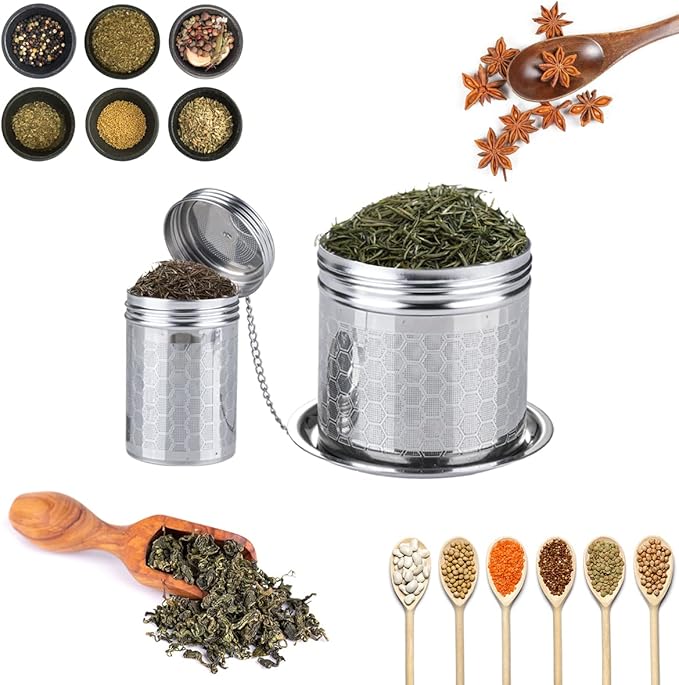 2Pack Infuser Strainer for Loose Tea, Stainless Steel Ball With Chain Hook and Drip Tray, Extra Fine Mesh Filter for Brew, Spices & Seasonings (2Pack, 1.96in+2.95in)