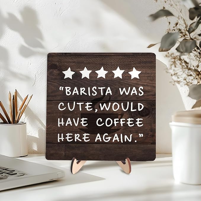 Coffee Bar Sign Plaque Decor,Coffee Bar Accessories,Rustic Wooden Tabletop Plaque with Stand, Minimalist Farmhouse Kitchen Counter Sign,Cute Mini Café Bar Decor Gift 5.9x5.9Inch