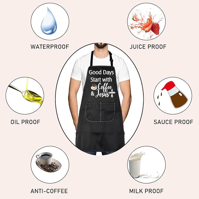 Coffee Lover Gift Good Days Start with Coffee & Jesus Waterproof Apron for Mom Dad Barista Christmas Graduation Gift - Image 5