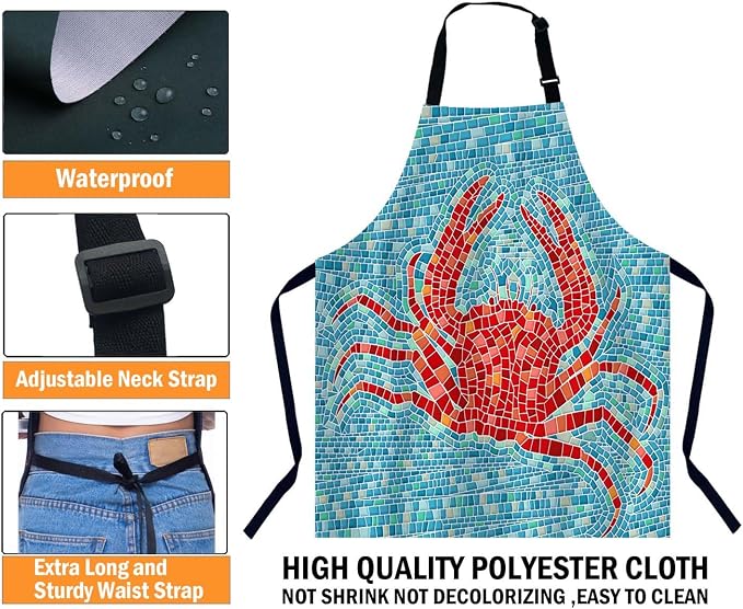 Red Crab Mosaic Kitchen Apron for Women Men, Unisex Adjustable Cooking Apron, Waterproof Apron for Home Kitchen, Restaurant, Coffee House - Image 3