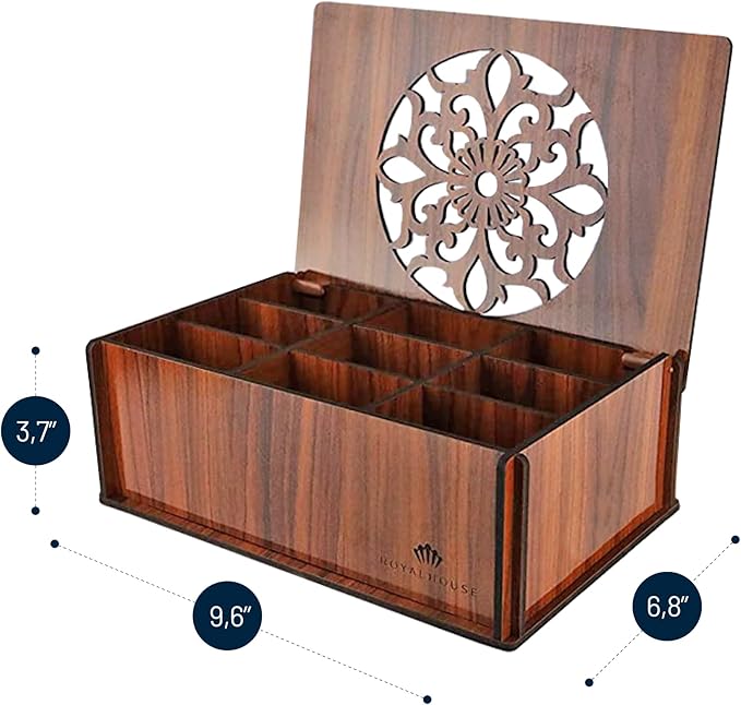 RoyalHouse Premium Wood (Hard MDF) Tea Storage Box Organizer (Brown), Eco-Friendly Multi-Functional Decorative Box, 9 Compartments For Assorted Variety Of Tea Bags and Small Items
