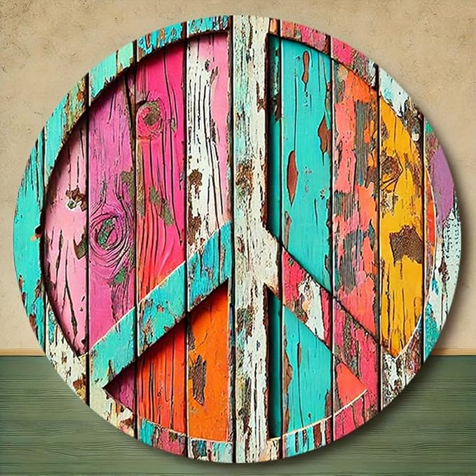 Colorful Peace Symbol Round Aluminum Sign - Vibrant High-Definition Print, Weathered Wood Design, Easy to Hang,Decorative Wall Art | Durable Print, Outdoor Decor, Perfect for Room Decor by Unknown