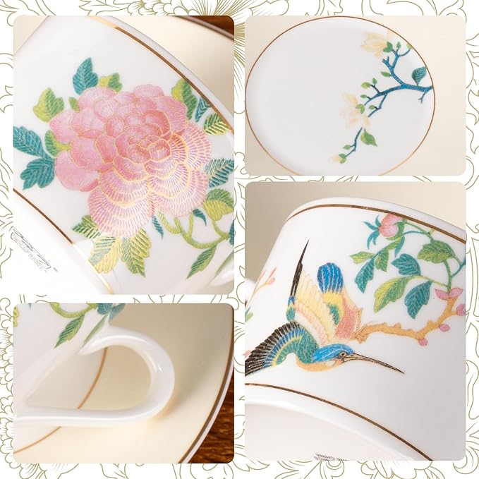 KAMMAK Tea Cups and Saucers Set of 2, Fine Bone China Coffee Cups, Stackable Espresso Mugs, Ceramic Demitasse for Coffee, Cappuccino, Latte, Americano, Tea, Embroidered Peony