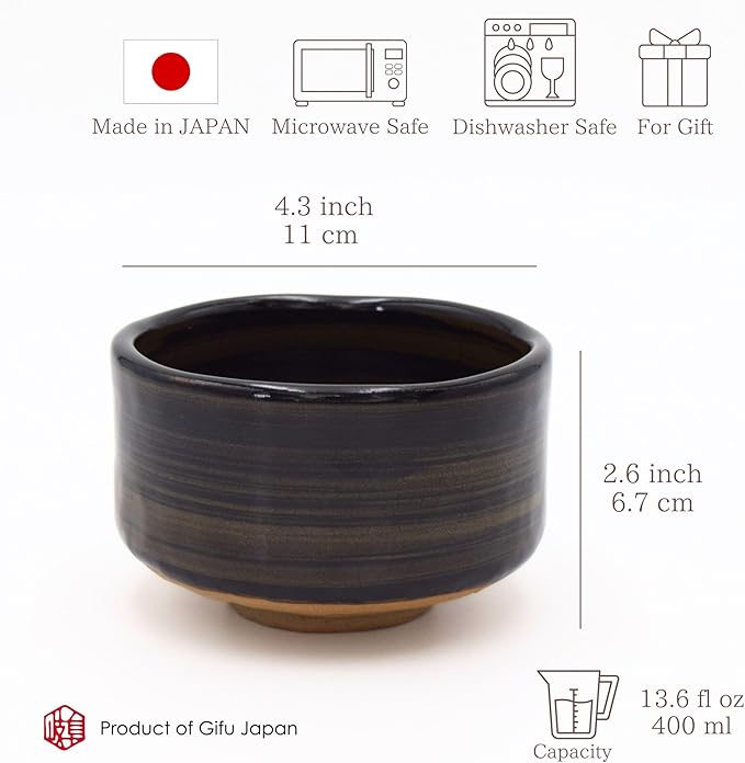 Product of Gifu Japan Ceramic Matcha Bowl, Handmade Chawan Japanese Green Tea Cup, Matcha Mixing Bowl, 400ml 13.6 oz, Brush Stroke Pattern, Black, Japanese Gifts