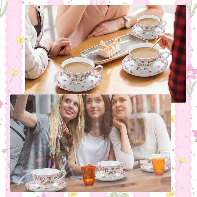 Rtteri Bride Teacup and Saucer Set 7oz Bridal Shower Teacup Porcelain Ceramic Tea Cups for Bridal Shower Tea Party Wedding Decor Victorian Elegant Coffee(Pink,Floral)