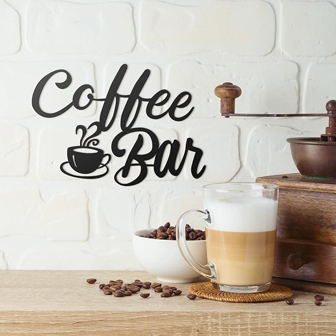 Shimeyao Coffee Bar Accessories Coffee Bar Sign for Wall Metal Rustic Hanging Wall Art Vintage Black Cup Letter Sign for Cafe Home Office Kitchen