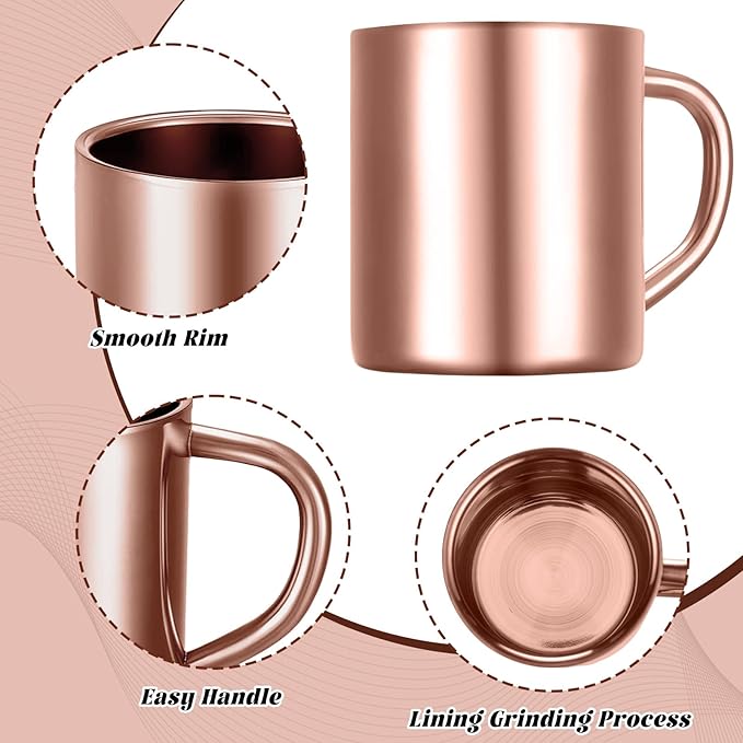 Cunhill 4 Set Small Stainless Steel Coffee Mug 7.5oz/220ml Double Walled Cups Camping Mug with Handle Metal Dishwasher Safe Tea Cups for Home Travel Camping Outdoors Rv Keep Drinks Hot (Rose Gold)