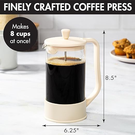 Primula French Press Coffee Maker, Heat Resistant Borosilicate Glass with Stainless Steel Filters, 8 Cup, 34 oz, Cream