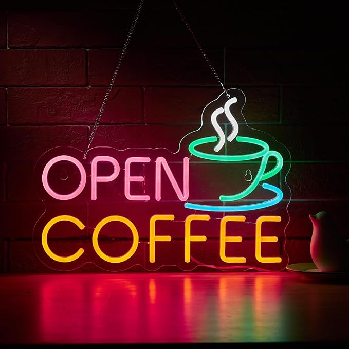 Coffee Open Neon Sign for Coffee Bar Wall Décor Dimmable Business Shop LED Neon Light USB Powered Art Signs Decor