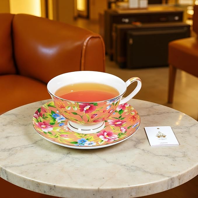 Tea cup and Saucer Set Royal Garden Style Tea Coffee Cup with Saucer 7 Ounces Bone China Teacup and saucer Set(Orange)