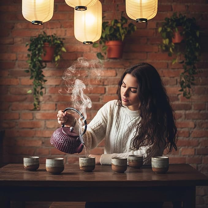 Tea Kettle, Japanese Cast Iron Teapot with Stainless Steel Infuser, Cast Iron Tea Kettle, Durable Teapot Coated with Enameled Interior (40.6oz Burgundy Bamboo Leaf Pattern)