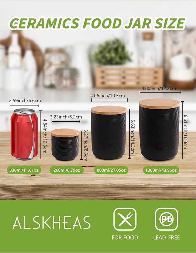 Ceramic Canister with Airtight Seal Lid, Kitchen Canisters for Countertop, Black Food Storage Jar for Flour, Coffee Bean, Sugar, Tea, Spices and More, Home Decor (260ml/8.79oz)