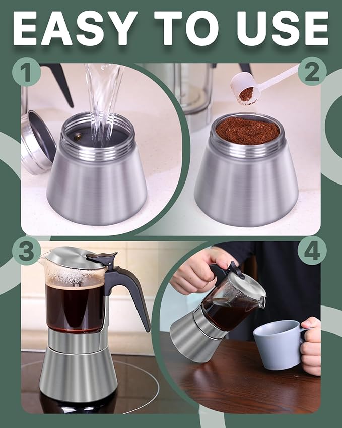 Grasseed Crystal Glass-Top Moka Pot, Polished Stainless Steel Stovetop Espresso Maker for Italian Coffee, Gift for Coffee Lovers - 9 Cup/360ml/12.6oz