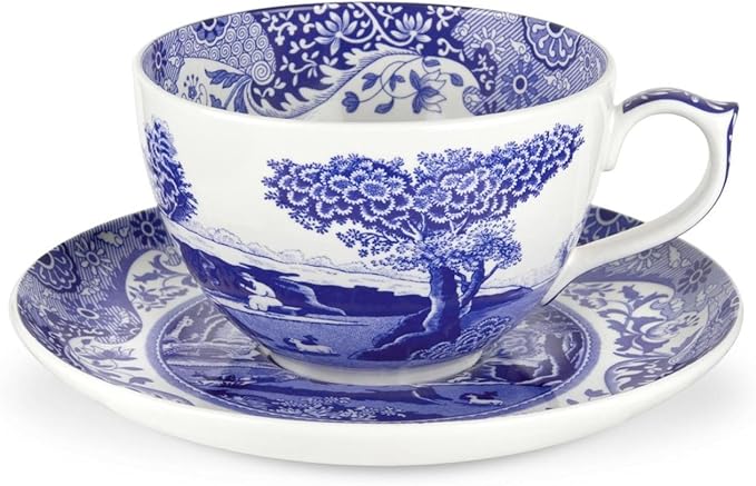 Portmeirion Spode Blue Italian Teacup and Saucer, 20-ounce Capacity, Jumbo Tea Set, Coffee Mug, Cup for Tea, Lattes, Espressos, and Hot Beverages - Blue & White