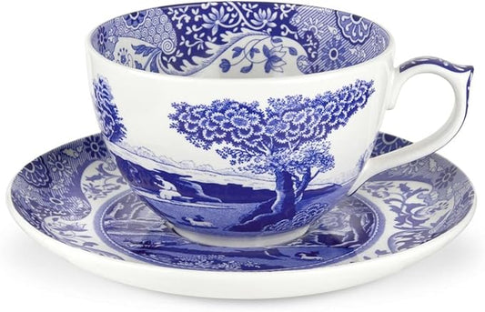 Portmeirion Spode Blue Italian Teacup and Saucer, 20-ounce Capacity, Jumbo Tea Set, Coffee Mug, Cup for Tea, Lattes, Espressos, and Hot Beverages - Blue & White