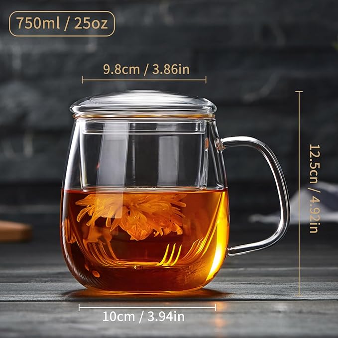 Large Glass Tea Cup, 25.6 oz Borosilicate Glass Tea Mug with Infuser and Lid, Clear Tea Cups for Brewing Scented Tea and Tea Bag.