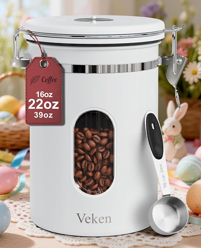 Veken Coffee Canister with Window, Easter Gifts Airtight Stainless Steel Container with Lids, Home Kitchen Food Storage Jars for Grounds, Beans, Tea, Flour, Cereal, Sugar, Basket, Scoop, 22OZ, White