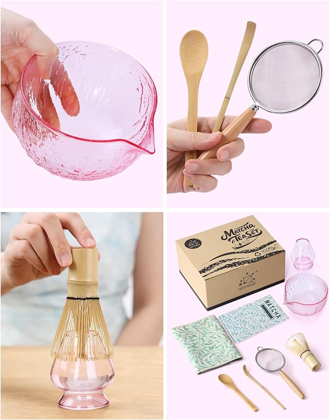 Matcha Whisk Set, 7 Pcs, Matcha Kit Includes Matcha Bowl, Matcha Whisk and Holder, Bamboo Scoop, Spoon, Sifter and Tea Towel, Matcha Set, Gift for Matcha Lovers & Beginners (Glass Pink)