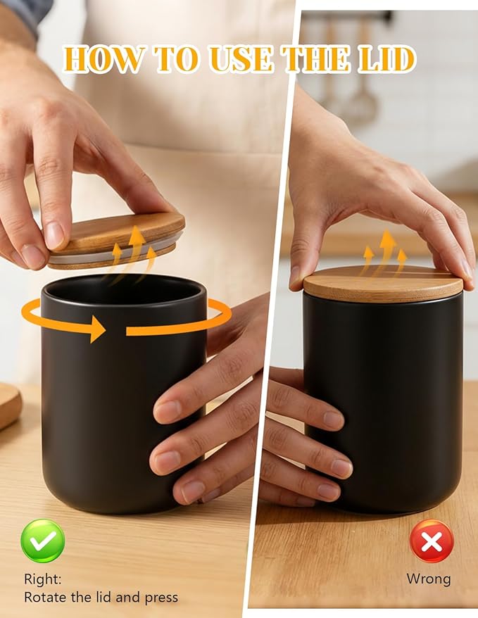 YYW Ceramic Food Storage Containers with Lids, Kitchen Canisters for Countertop, Black Food Containers Jar for Flour, Coffee Bean, Sugar, Tea, Spices and More, Home Decor (1000ml/33.81oz)