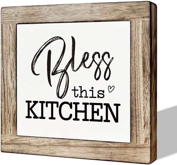 Bless This Kitchen Wooden Block Sign Decor - Housewarming Decor for Kitchen Shelf by MLTEye
