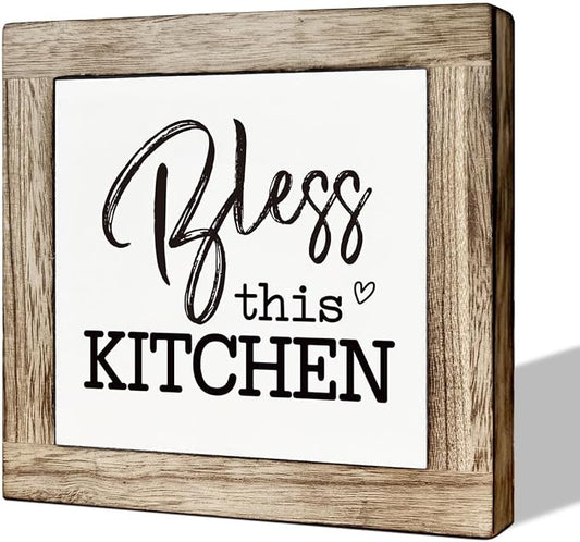 Bless This Kitchen Wooden Block Sign Decor - Housewarming Decor for Kitchen Shelf by MLTEye