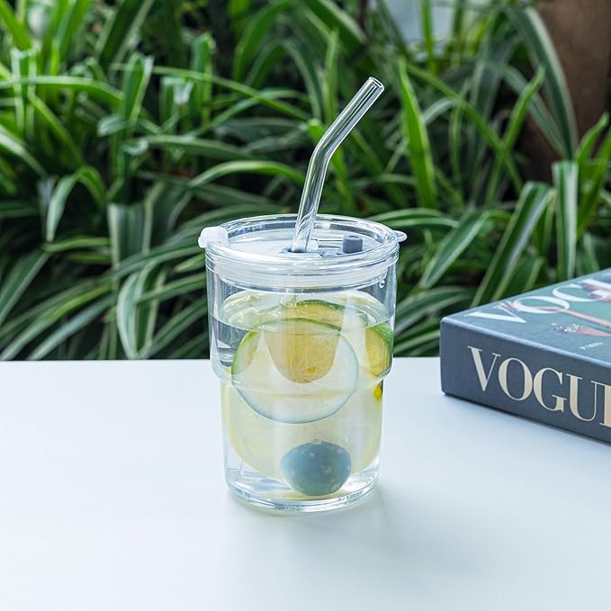 13 oz Tumbler Water Glass, Water Bottle with Straw and Dustproof Lid, Coffee Ice Cup Double Wall Insulated Glass Cup (White-4pack)