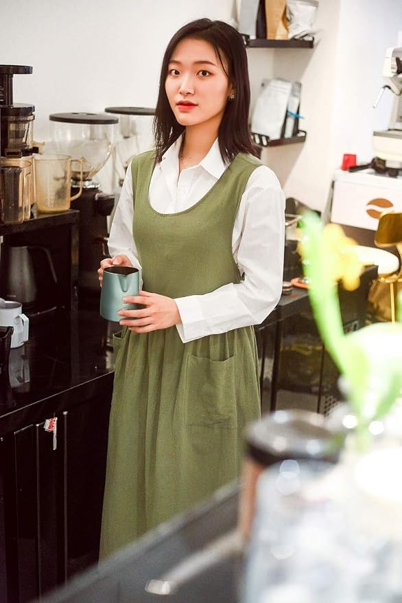Premium Plus Size Apron Adjustable Waistline Bib Apron,Soft Cotton Blend Apron with Pockets (Light Green) - Image 2