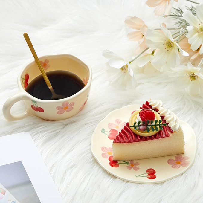 Vesici 1 Set Ceramic Flower Coffee Mug with Saucer Spoon 8.5 oz Vintage Floral Aesthetic Mugs Cute Tea Milk Cup for Women Mom Gift, Dishwasher and Microwave Safe (Classic Style)
