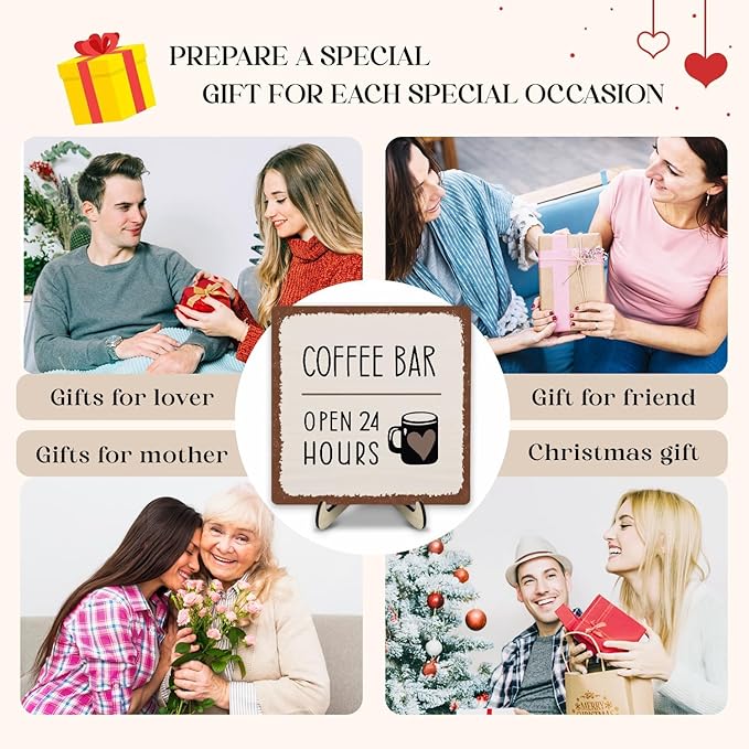 Coffee Bar Sign Plaque Decor,Coffee Bar Accessories,Rustic Wooden Tabletop Plaque with Stand, Minimalist Farmhouse Kitchen Counter Sign,Cute Mini Café Bar Decor Gift 5.9x5.9Inch