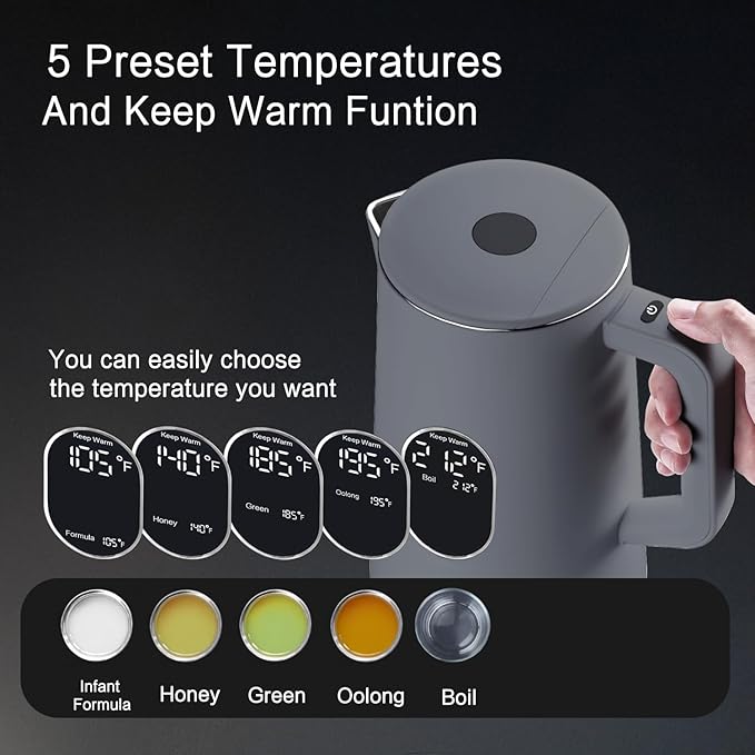 1.5L Electric Kettle Stainless Steel, Double Wall Cool Touch Teapot, Fast Boil,5 Temperature Control, LED Display, Auto Shut-Off, BPA-Free,Keep Warm Function, Ideal for Tea & Coffee (Gray)