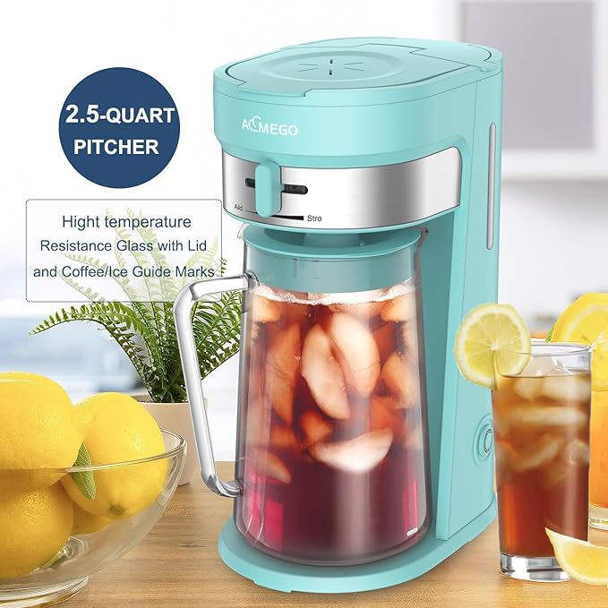 Iced Tea Maker, Brewing System with 2.5-quart Glass Pitcher, sliding strength selector, Stainless Steel Decoration, Reusable Filter (Green)